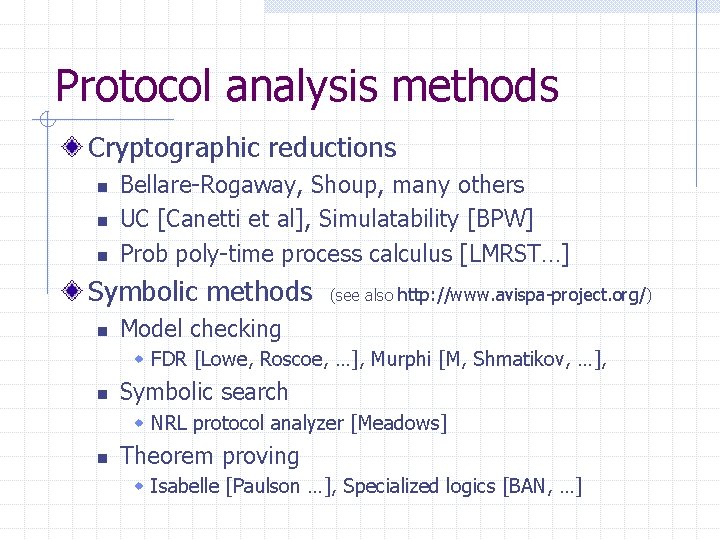 Protocol analysis methods Cryptographic reductions n n n Bellare-Rogaway, Shoup, many others UC [Canetti
