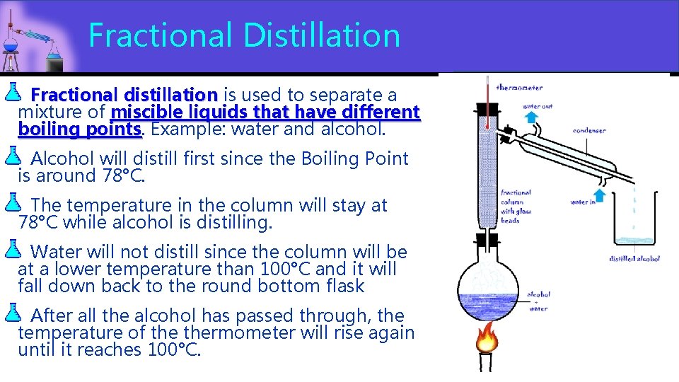 Fractional Distillation Fractional distillation is used to separate a mixture of miscible liquids  Fractional Distillation Fractional distillation is used to separate a mixture of miscible liquids