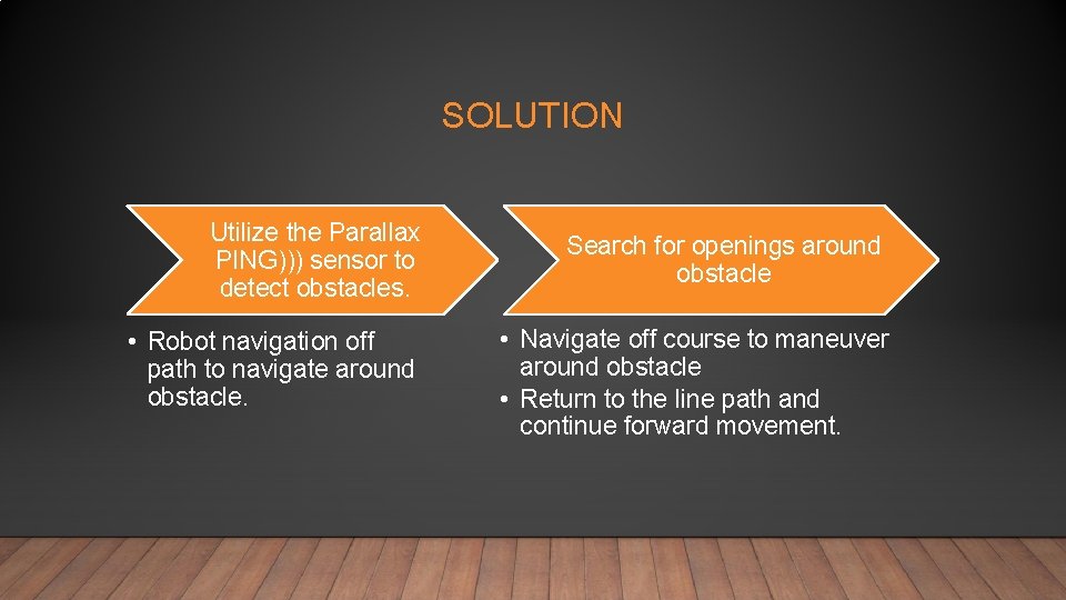 SOLUTION Utilize the Parallax PING))) sensor to detect obstacles. • Robot navigation off path