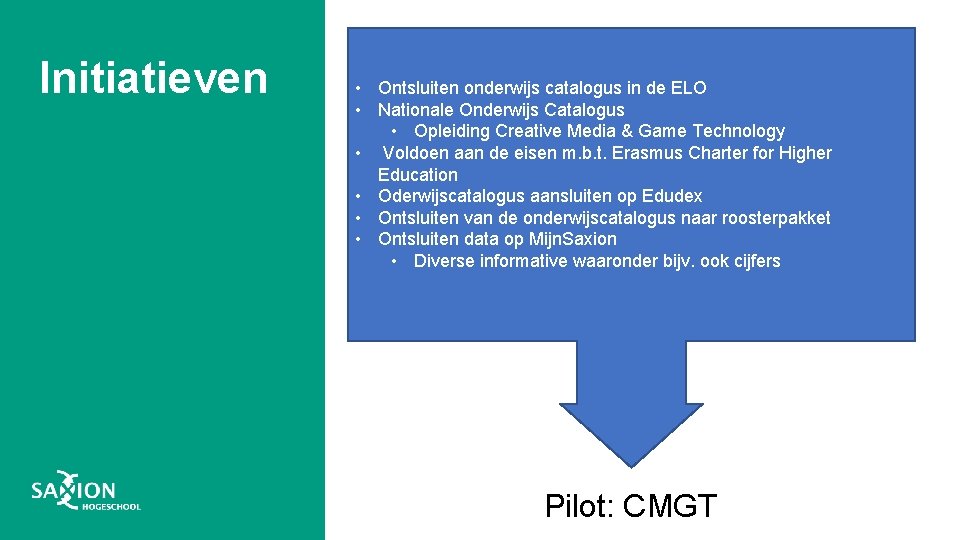 Initiatieven • Ontsluiten onderwijs catalogus in de ELO • Nationale Onderwijs Catalogus • Opleiding