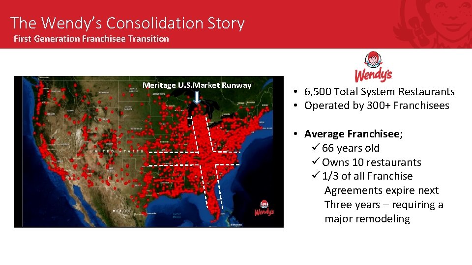 The Wendy’s Consolidation Story First Generation Franchisee Transition Meritage U. S. Market Runway •