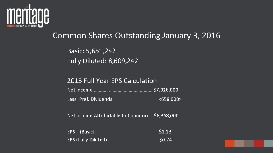 Common Shares Outstanding January 3, 2016 Basic: 5, 651, 242 Fully Diluted: 8, 609,