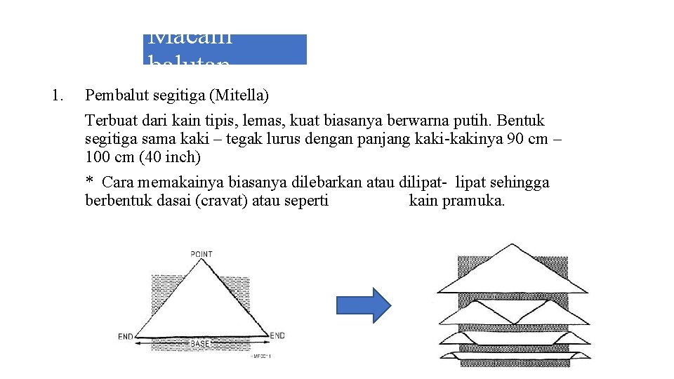 Macam balutan 1. Pembalut segitiga (Mitella) Terbuat dari kain tipis, lemas, kuat biasanya berwarna