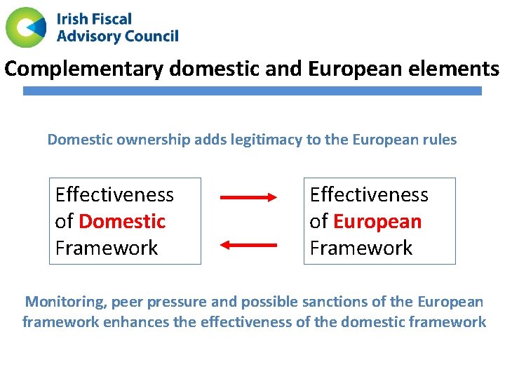 Complementary domestic and European elements Domestic ownership adds legitimacy to the European rules Effectiveness