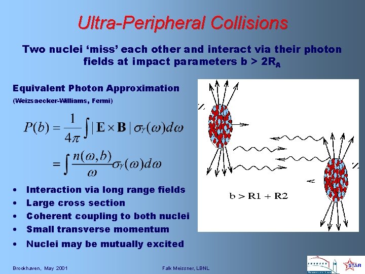 Ultra-Peripheral Collisions Two nuclei ‘miss’ each other and interact via their photon fields at