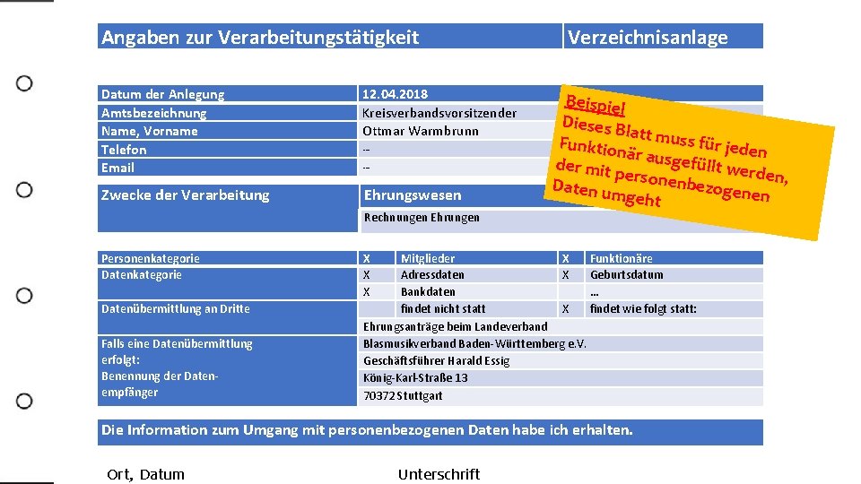 Angaben zur Verarbeitungstätigkeit Datum der Anlegung Amtsbezeichnung Name, Vorname Telefon Email 12. 04. 2018