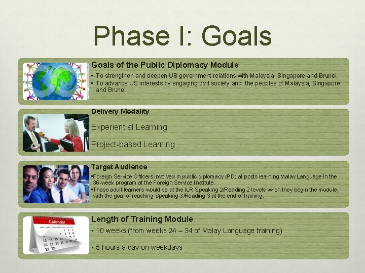 Phase I: Goals of the Public Diplomacy Module • To strengthen and deepen US