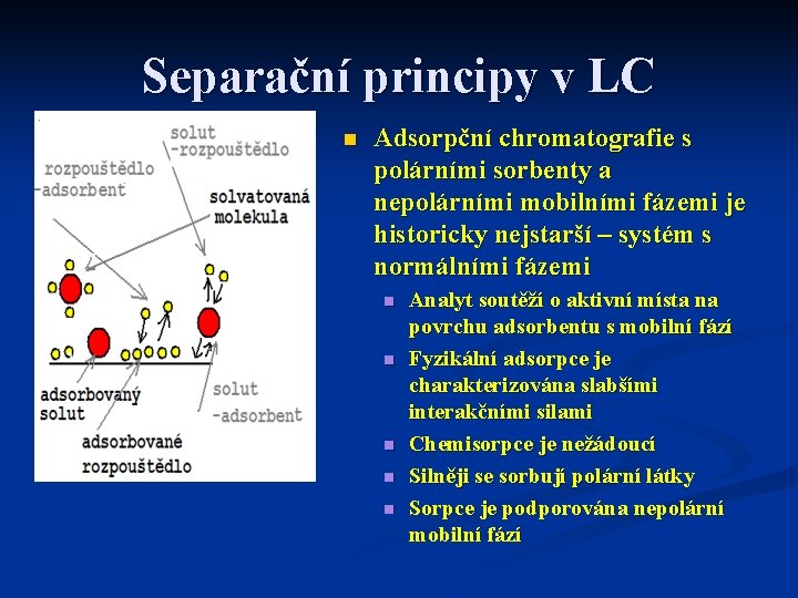 Separační principy v LC n Adsorpční chromatografie s polárními sorbenty a nepolárními mobilními fázemi