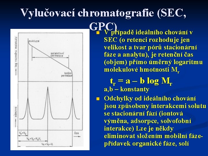 Vylučovací chromatografie (SEC, GPC) n V případě ideálního chování v SEC (o retenci rozhoduje