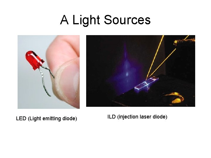 A Light Sources LED (Light emitting diode) ILD (injection laser diode) 