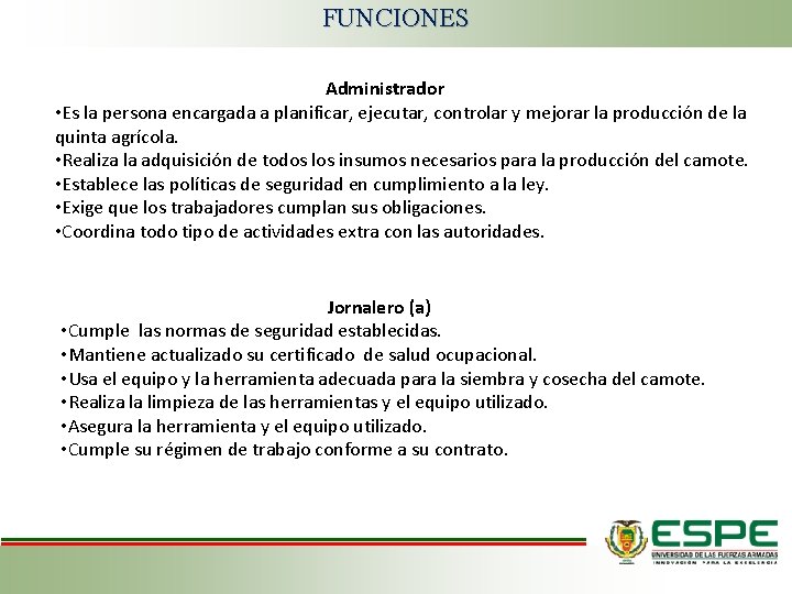 FUNCIONES Administrador • Es la persona encargada a planificar, ejecutar, controlar y mejorar la