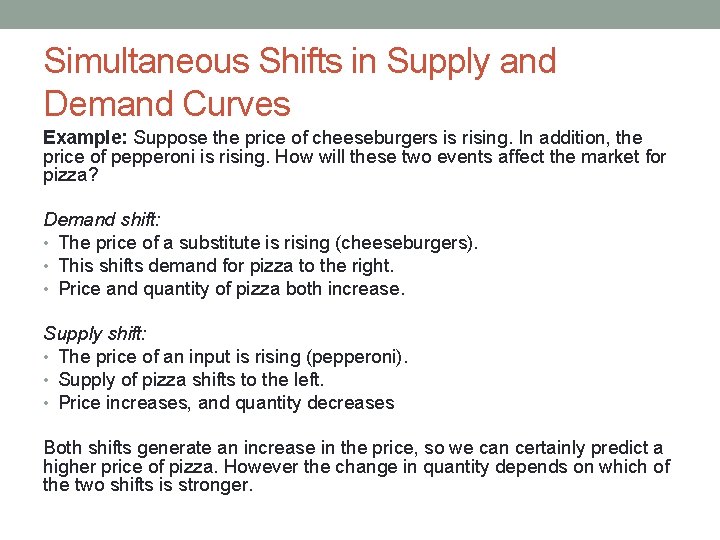 Simultaneous Shifts in Supply and Demand Curves Example: Suppose the price of cheeseburgers is