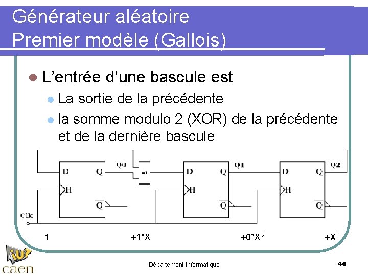Générateur aléatoire Premier modèle (Gallois) l L’entrée d’une bascule est La sortie de la