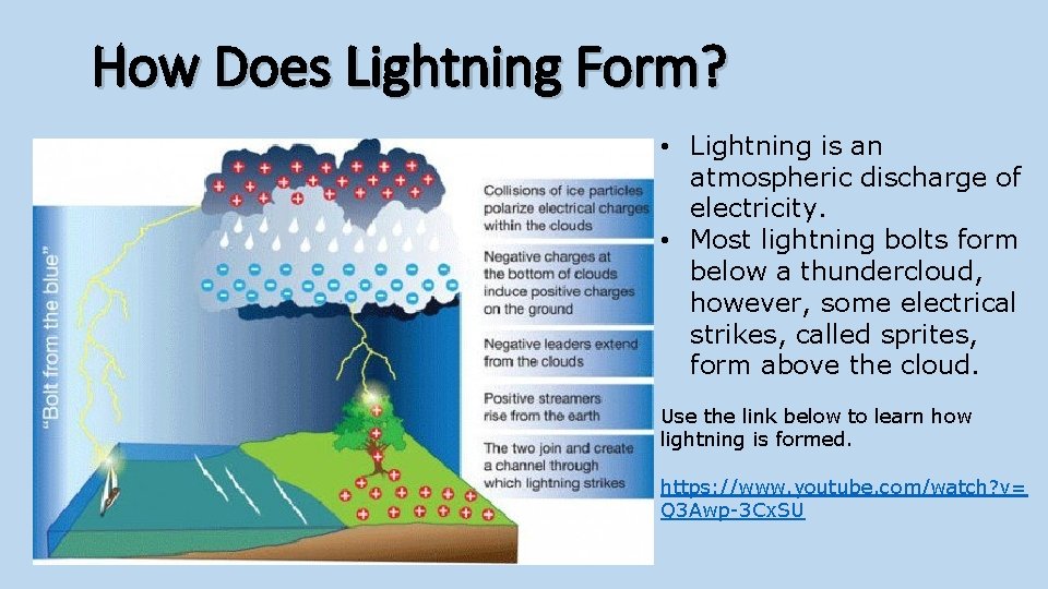 How Does Lightning Form? • Lightning is an atmospheric discharge of electricity. • Most