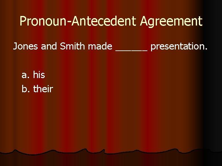 Pronoun-Antecedent Agreement Jones and Smith made ______ presentation. a. his b. their 
