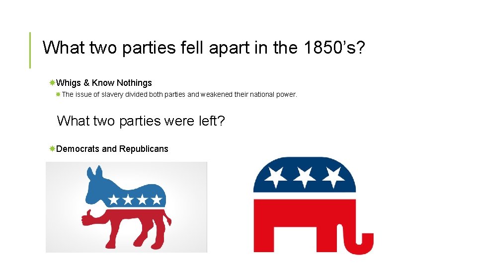 What two parties fell apart in the 1850’s? Whigs & Know Nothings The issue