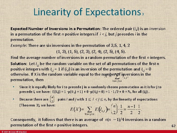 Linearity of Expectations 3 Expected Number of Inversions in a Permutation: The ordered pair