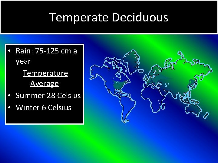 Temperate Deciduous • Rain: 75 -125 cm a year Temperature Average • Summer 28