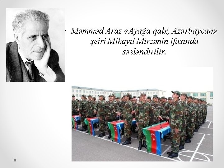  • Məmməd Araz «Ayağa qalx, Azərbaycan» şeiri Mikayıl Mirzənin ifasında səsləndirilir. 
