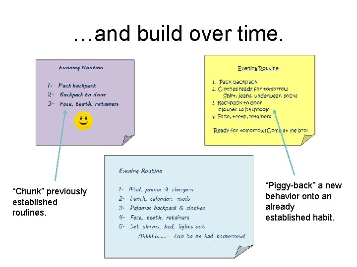 …and build over time. “Chunk” previously established routines. “Piggy-back” a new behavior onto an