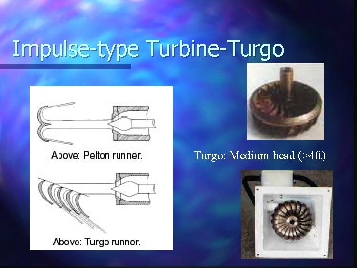Impulse-type Turbine-Turgo: Medium head (>4 ft) 