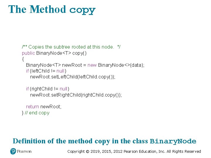 The Method copy /** Copies the subtree rooted at this node. */ public Binary.