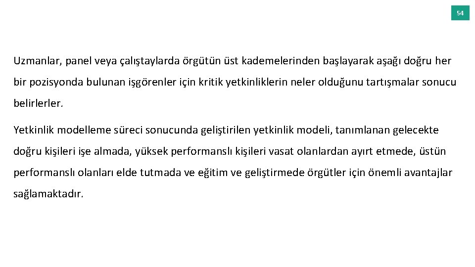 54 Uzmanlar, panel veya çalıştaylarda örgütün üst kademelerinden başlayarak aşağı doğru her bir pozisyonda