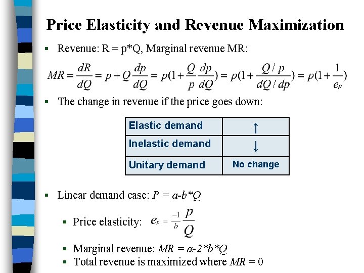 Price Elasticity and Revenue Maximization § Revenue: R = p*Q, Marginal revenue MR: §
