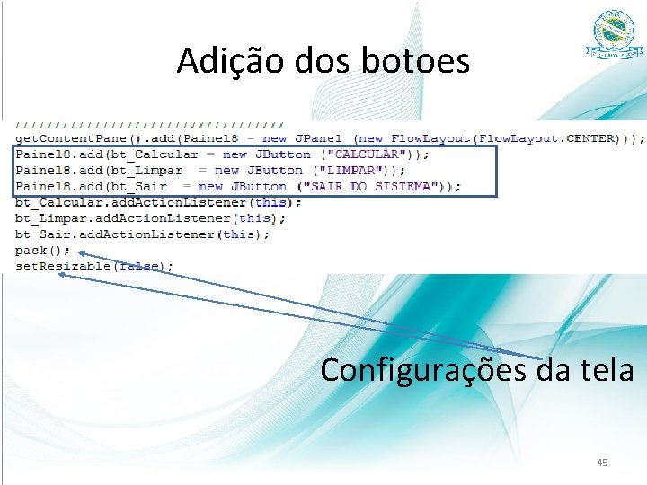 Adição dos botoes Configurações da tela 45 