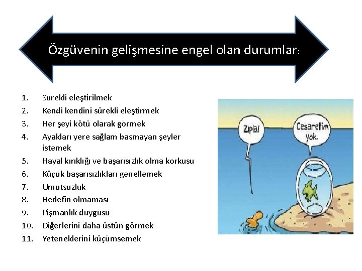 Özgüvenin gelişmesine engel olan durumlar: 1. 2. 3. 4. Sürekli eleştirilmek Kendi kendini sürekli