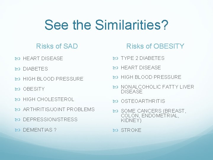 See the Similarities? Risks of SAD Risks of OBESITY HEART DISEASE TYPE 2 DIABETES