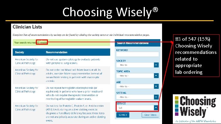 Choosing Wisely® ` 83 of 547 (15%) Choosing Wisely recommendations related to appropriate lab