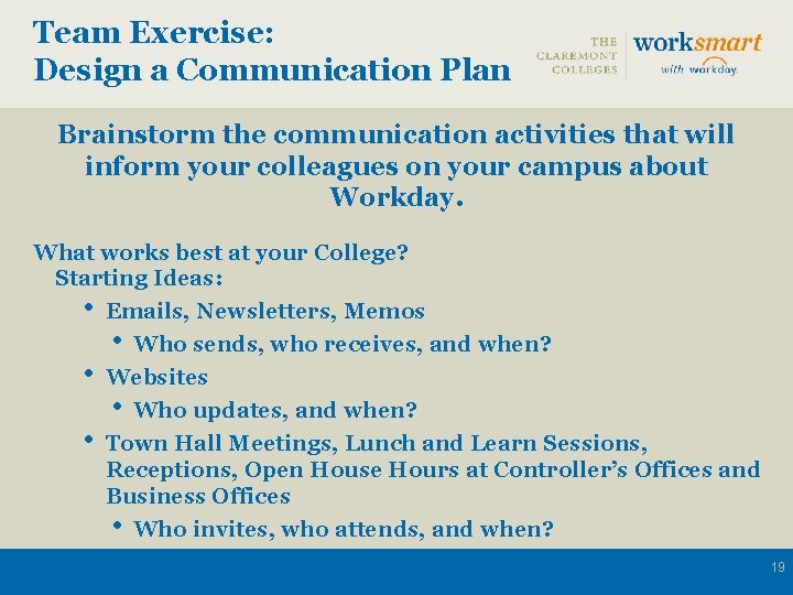 Team Exercise: Design a Communication Plan Brainstorm the communication activities that will inform your