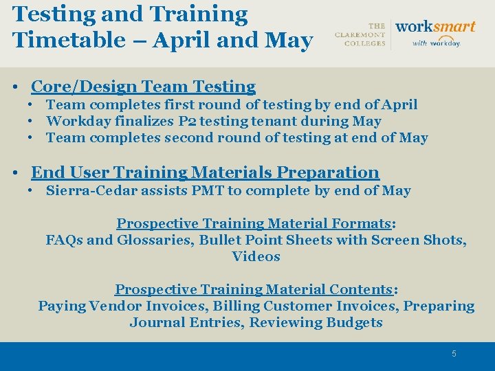 Testing and Training Timetable – April and May • Core/Design Team Testing • Team