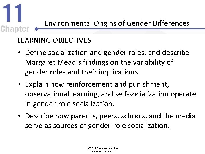 Environmental Origins of Gender Differences LEARNING OBJECTIVES • Define socialization and gender roles, and