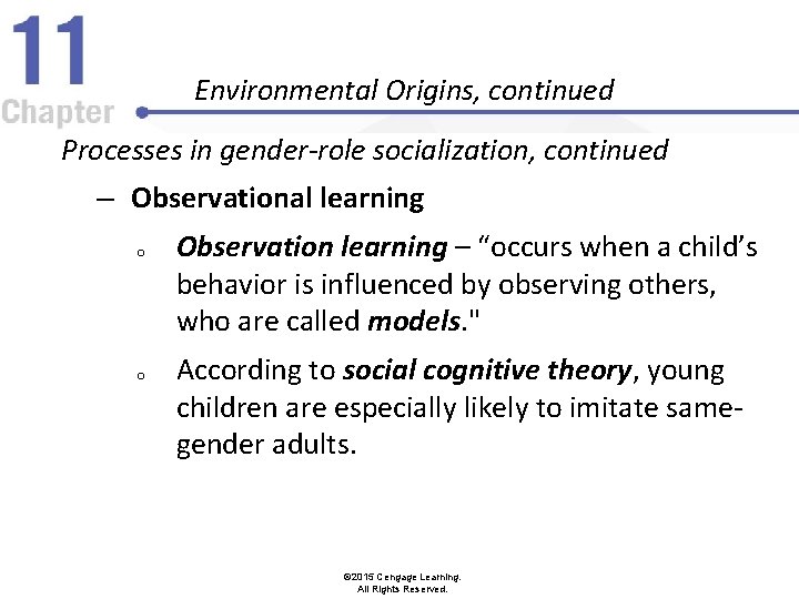 Environmental Origins, continued Processes in gender-role socialization, continued – Observational learning o o Observation