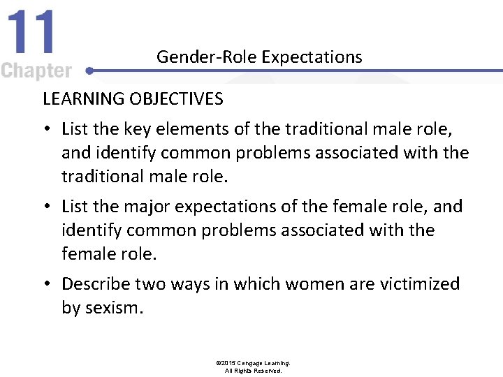 Gender-Role Expectations LEARNING OBJECTIVES • List the key elements of the traditional male role,