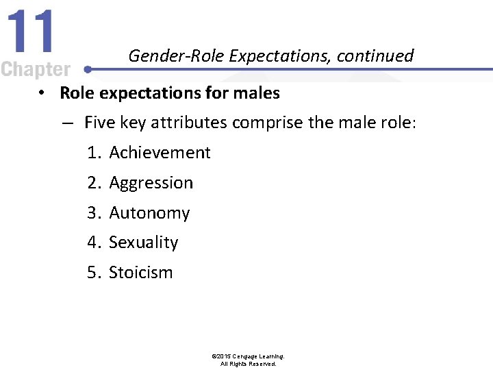 Gender-Role Expectations, continued • Role expectations for males – Five key attributes comprise the