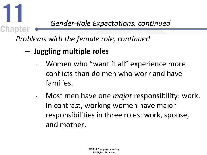 Gender-Role Expectations, continued Problems with the female role, continued – Juggling multiple roles o