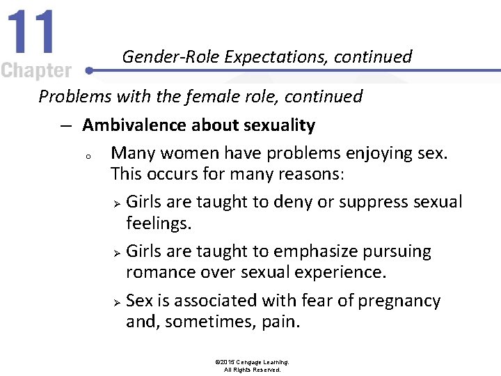Gender-Role Expectations, continued Problems with the female role, continued – Ambivalence about sexuality o