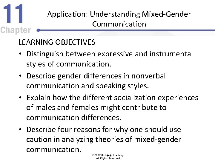 Application: Understanding Mixed-Gender Communication LEARNING OBJECTIVES • Distinguish between expressive and instrumental styles of
