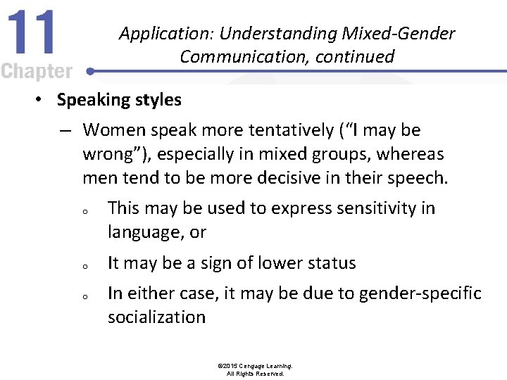 Application: Understanding Mixed-Gender Communication, continued • Speaking styles – Women speak more tentatively (“I