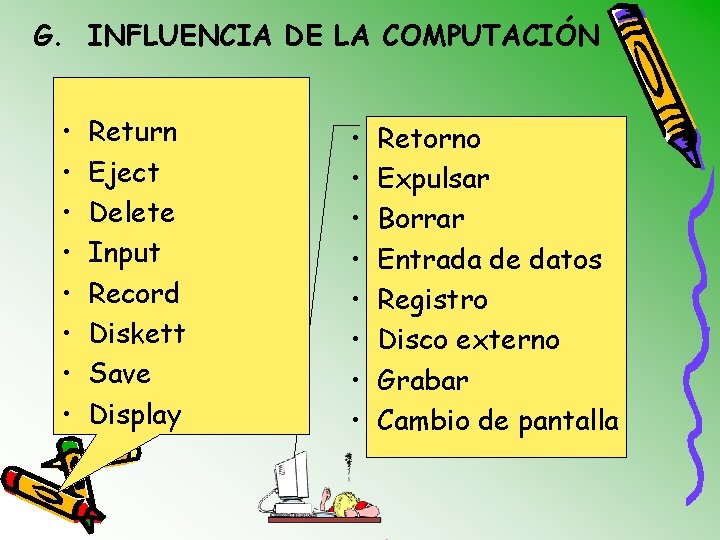 G. INFLUENCIA DE LA COMPUTACIÓN • • Return Eject Delete Input Record Diskett Save