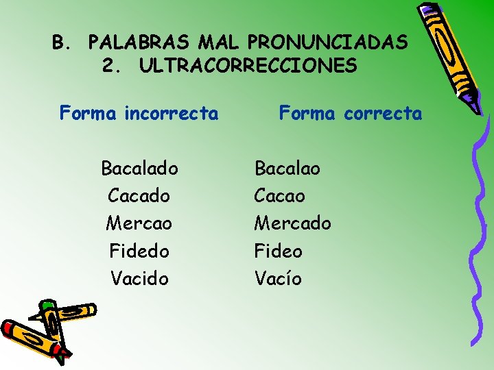 B. PALABRAS MAL PRONUNCIADAS 2. ULTRACORRECCIONES Forma incorrecta Bacalado Cacado Mercao Fidedo Vacido Forma