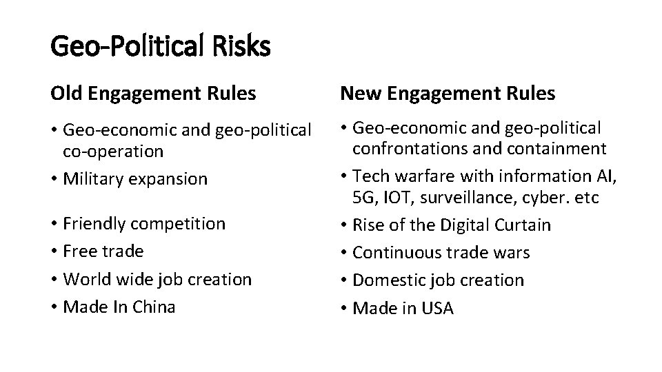 Geo-Political Risks Old Engagement Rules New Engagement Rules • Geo-economic and geo-political co-operation •