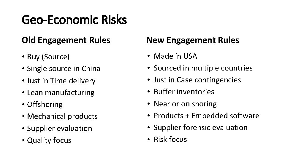 Geo-Economic Risks Old Engagement Rules New Engagement Rules • Buy (Source) • Single source