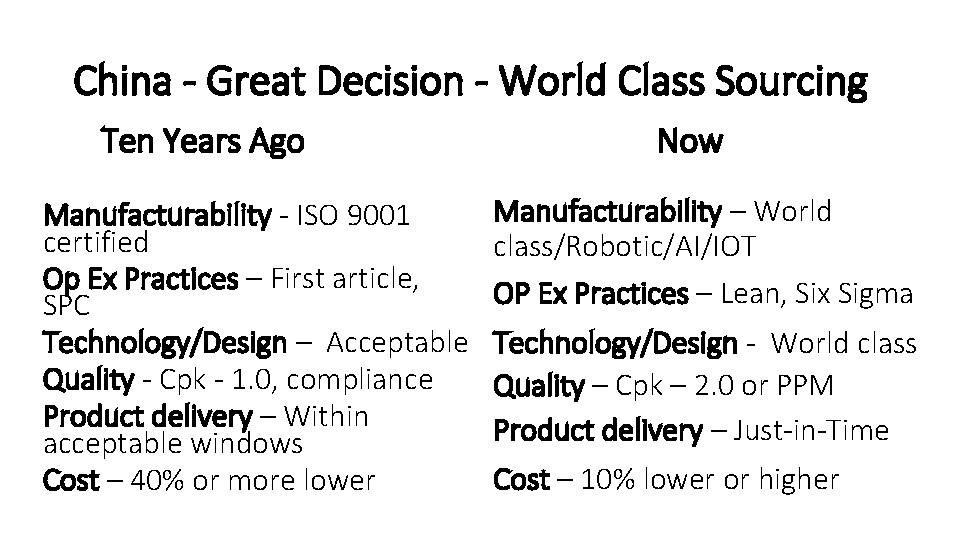 China - Great Decision - World Class Sourcing Ten Years Ago Manufacturability - ISO