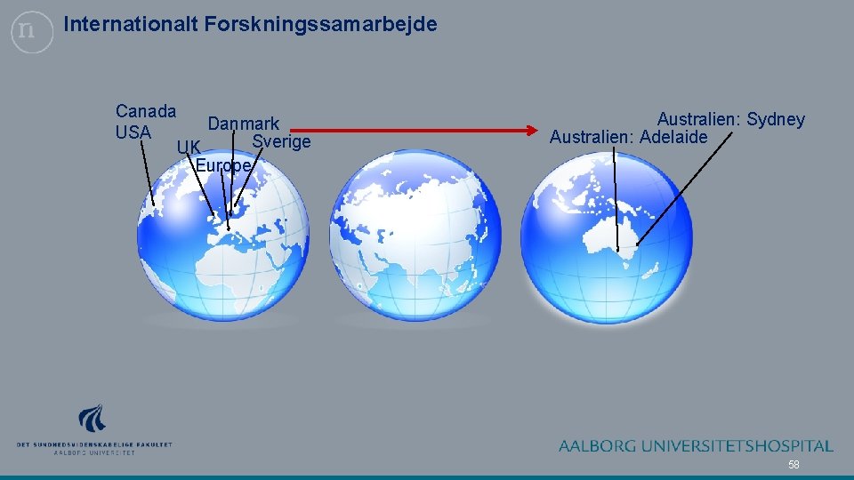 Internationalt Forskningssamarbejde Canada Danmark USA Sverige UK Europe Australien: Sydney Australien: Adelaide 58 