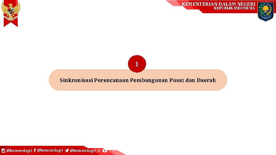 KEMENTERIAN DALAM NEGERI REPUBLIK INDONESIA 1 Sinkronisasi Perencanaan Pembangunan Pusat dan Daerah @kemendagri_ri 