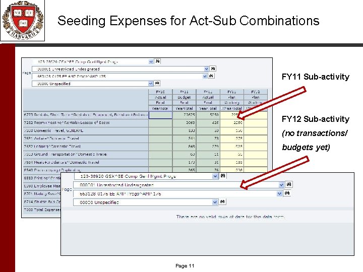 Seeding Expenses for Act-Sub Combinations FY 11 Sub-activity FY 12 Sub-activity (no transactions/ budgets